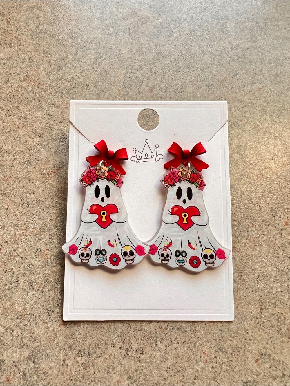 NWT Ghost Heart Lock Earrings with Red Bows Halloween Accessories Artisan